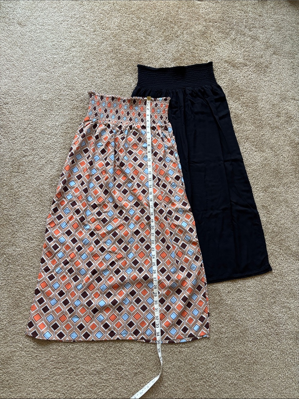 Women's Smocked Waist Maxi Skirt - Black & Geometric Print. Two pieces set